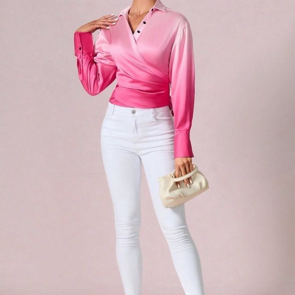 Pink Preppy Womens Solid Wrap Detail Button Front Shirt - Picture 4 of 5